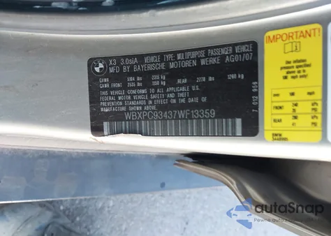 2007 BMW X3 3.0Si from USA, damaged, VIN WBXPC93437WF13359